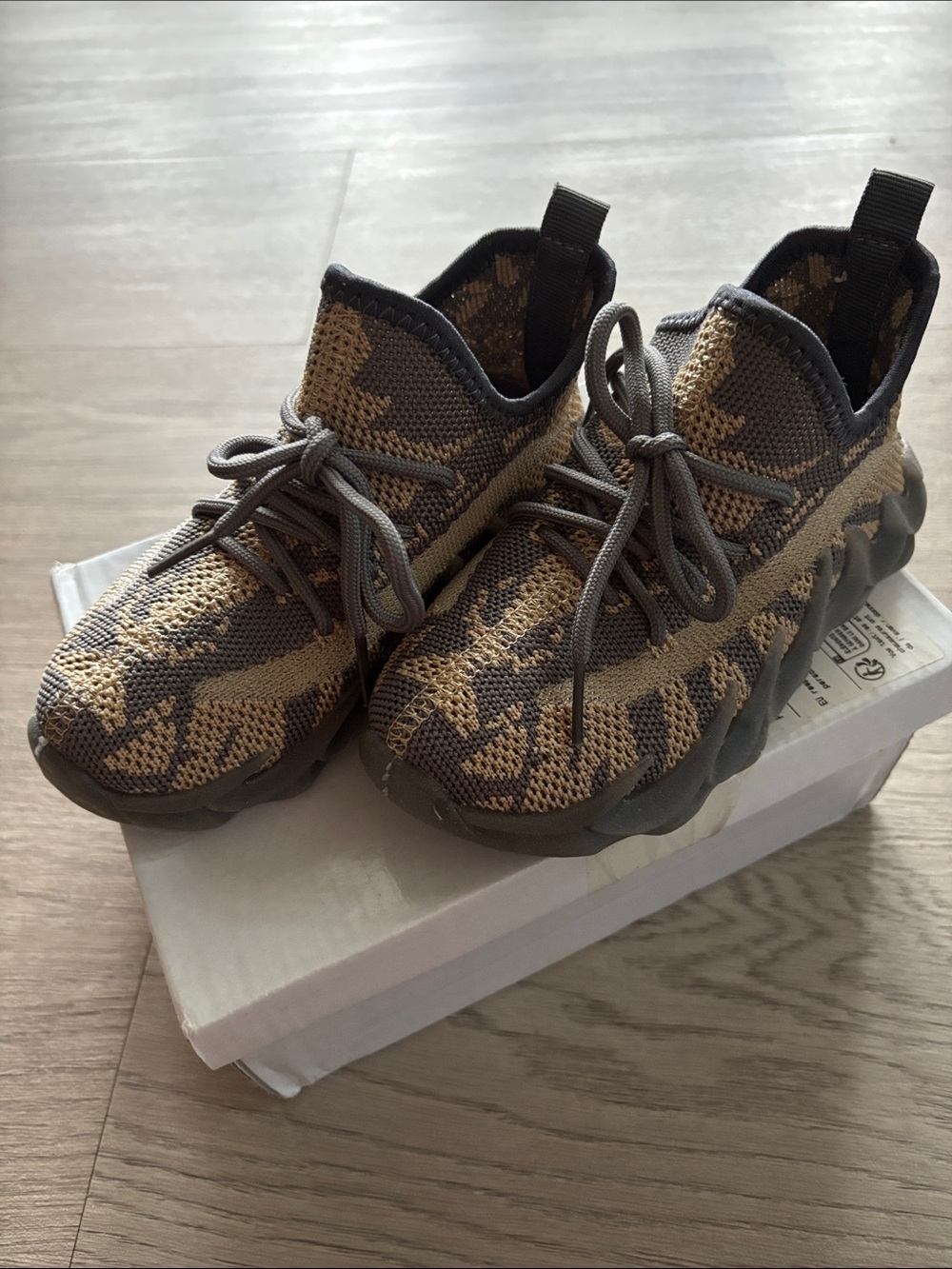 Kids Neutral Camo Knit Athletic Sneakers - Gray & Tan